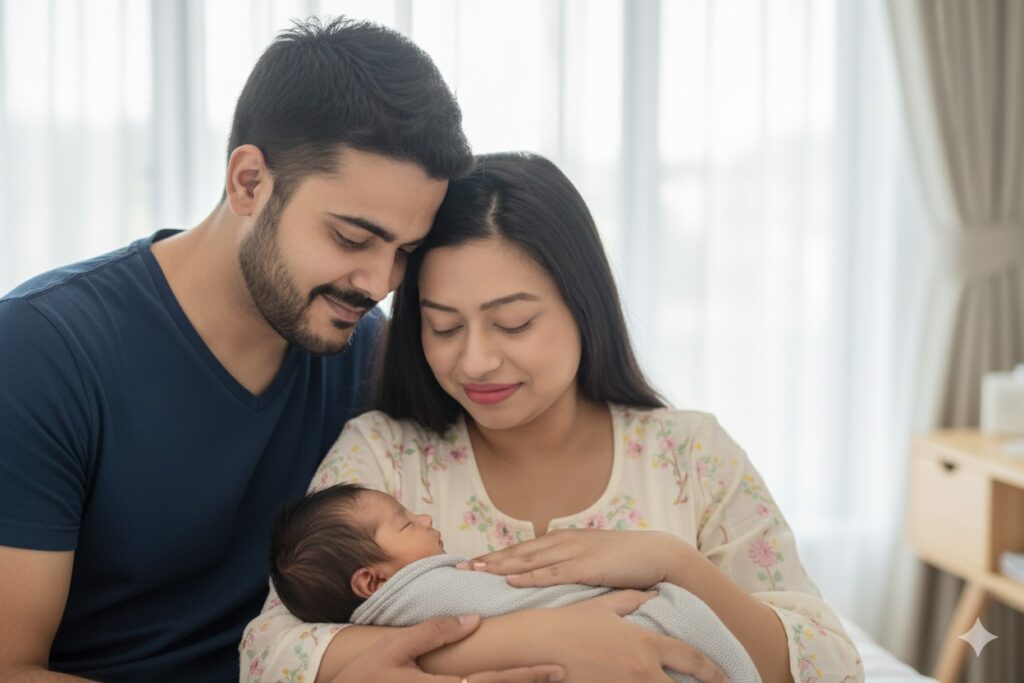 Parents looking at newborn babies